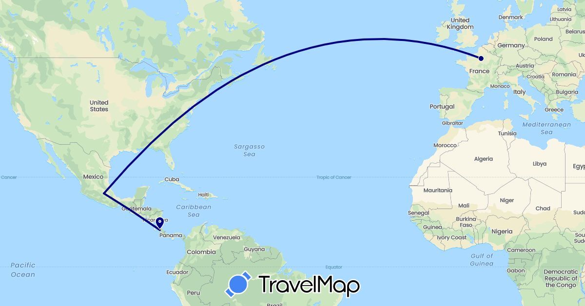 TravelMap itinerary: driving in Costa Rica, France, Mexico (Europe, North America)